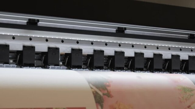 Industrial large format printer with uv light curing ink on paper roll.