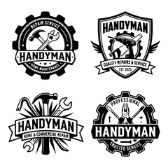 Fototapeta premium Collection of four vintage handyman service badges and emblems featuring repair tools like wrench hammer drill and gear symbols for construction and maintenance