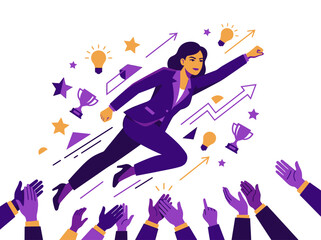 Businesswoman flying like a superhero above a cheering crowd for career success concept. © Susy