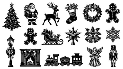 Obraz premium Christmas Vector Icons: Black and White Line Art Illustrations of Holiday Symbols