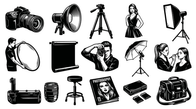 Photography Equipment Icon Set: Camera, Studio Lights, Tripod, Bag, Makeup Artist