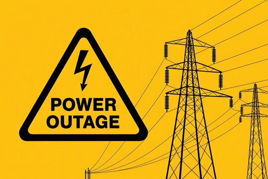 Power outage warning sign with high voltage electric pylons