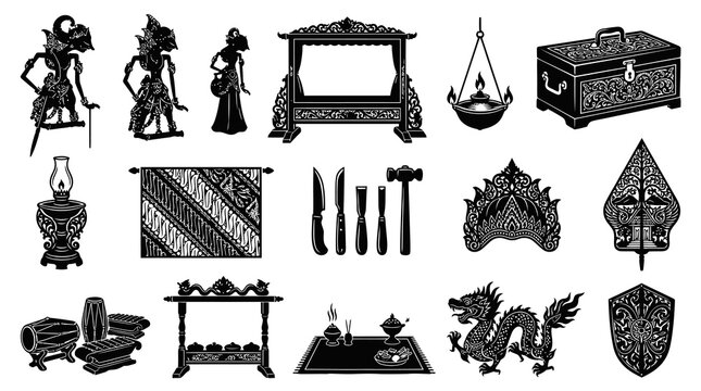 Black and White Line Art of Indonesian Cultural Objects
