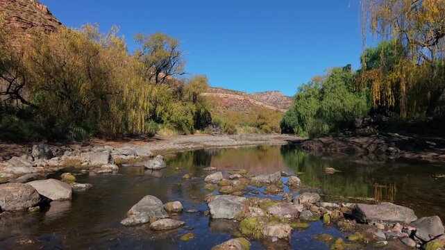 Rio Atuel softly flowing river water through rocky channel lined with trees in San Rafael Mendoza, aerial dolly