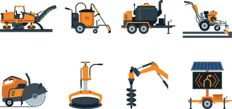 Professional Road Construction and Asphalt Maintenance Equipment Vector Icon Set for Infrastructure and Highway Repair