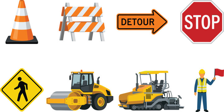 Professional road construction and traffic safety icons set featuring heavy machinery equipment and roadwork signage