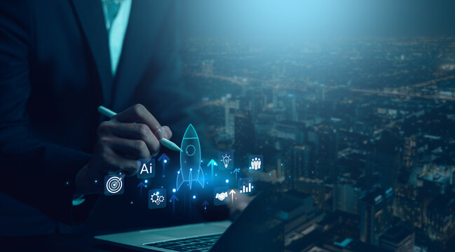 rocket up icon. business startup strategy, enterprise start for digital AI technology. Concept of business growth. success planning, profit increase. entrepreneurship vision, startup launch