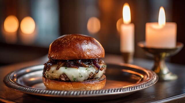 Rustic cheeseburger with caramelized onions on a silver platter in a moody candlelit setting