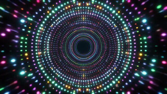 Vibrant colorful neon light dot spiral pattern design on dark