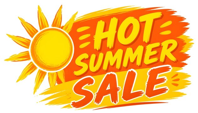 Colorful illustration features a bright sun with pointed rays on the left, adjacent to bold, stylized text reading "HOT SUMMER SALE" in vivid yellow