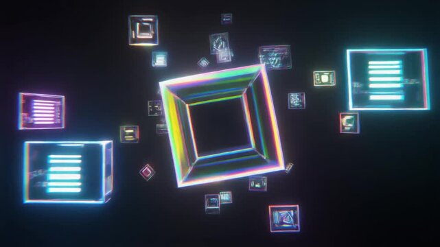 neon glowing colorful 3d cube and rectangles icons floating on dark