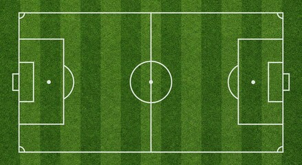 Top view illustration of a green soccer field with white line markings, football pitch layout template on grass background © PHOTO N LIFE