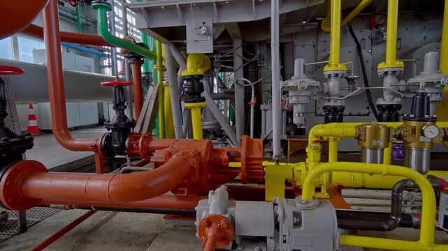 Interconnected Industrial Pipelines, Valves, and Mechanical Components Operating within a Heavy Processing System - Pan Right Shot