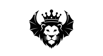Black and white lion face with crown and bat wings, symbolizing power and royalty © Keong