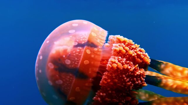 Vivid orange jellyfish with textured tentacles and spotted bell glides through bright blue water.