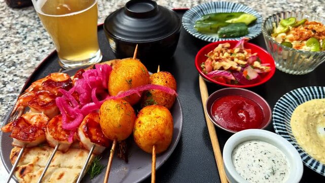 Abundant food tray featuring croquettes, hummus, sauces, skewers, pickles, and shrimp salad.