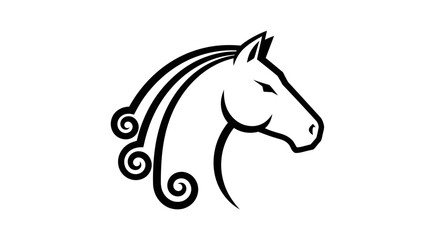 Abstract black and white stylized horse head logo with flowing mane and elegant features © Keong