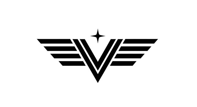 A black and white stylized emblem with wings and a central 'V' and star at top