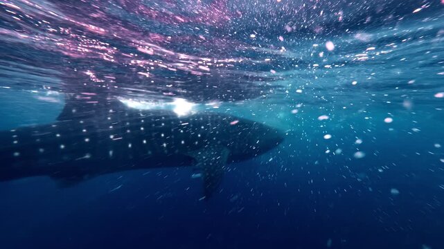 A pair of spotted whale sharks cruise near the water surface with a snorkeler visible above.