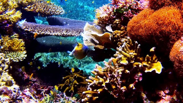 Spotted pufferfish and blue triggerfish weave through a richly textured reef with yellow and red corals.