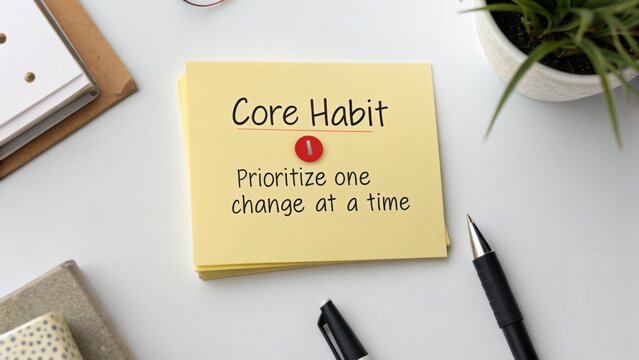 Sticky Note with Core Habit Message Prioritize One Change at a Time on Desk Surrounded by Office Supplies and Green Plant