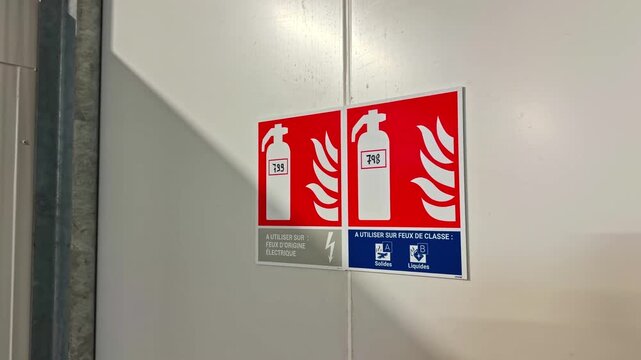 Close up of two red fire safety signs indicating locations for electrical and class A and B extinguishers on a white wall in Latvia