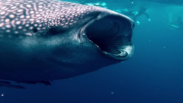 A snorkeler holds a phone camera against the spotted flank of a whale shark near the shimmering surface - Philippine diving adventure