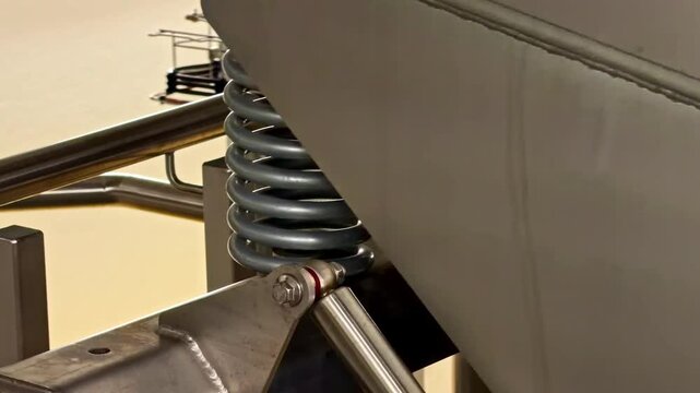 Close up shot of a heavy metal coil suspension spring on moving industrial machinery inside a factory plant