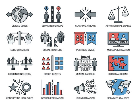 Social Polarization and Political Divide Vector Icon Set