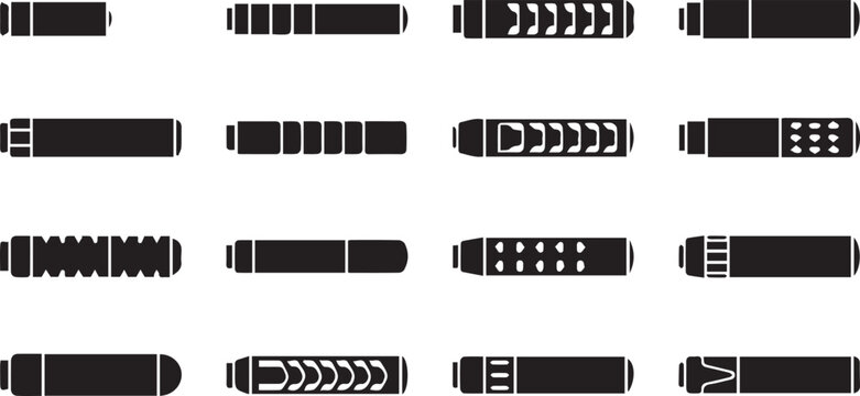 Gun silencer icons set, firearm suppressor silhouette vector elements