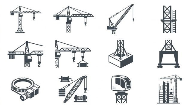 Collection of construction crane icons and illustrations.