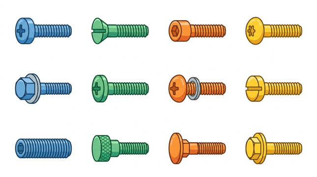 Collection of colorful screws and bolts isolated on white background.