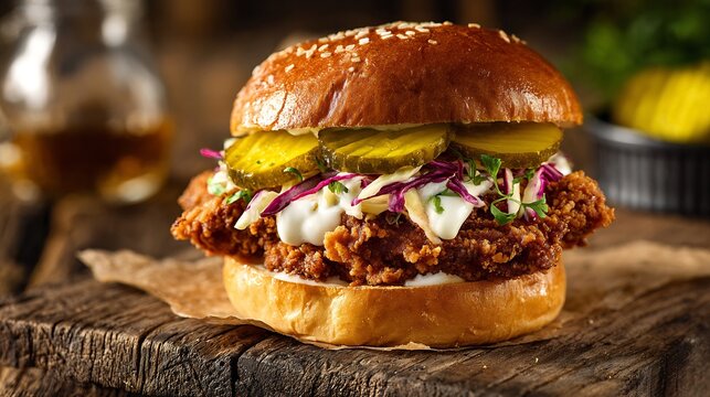 Layered fried chicken burger with sesame bun, pickles, and creamy coleslaw on rustic wood