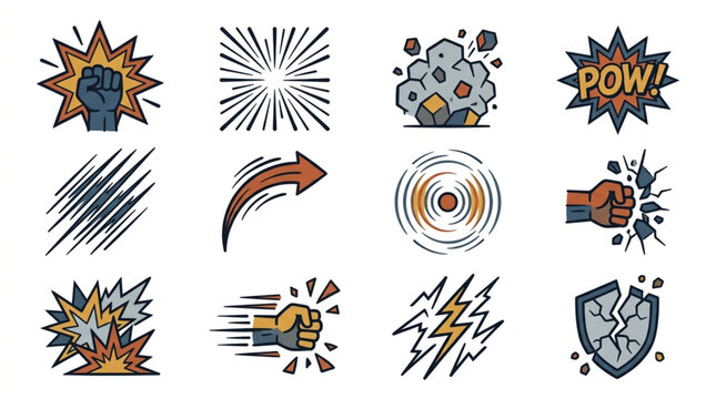 Collection of comic book style action effect icons.