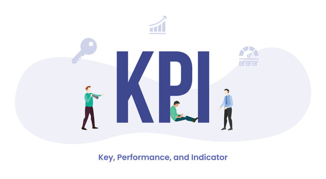 KPI key performance indicator with big word or text and team people with modern flat style vector
