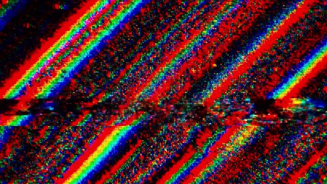Abstract RGB static noise flowing across the screen with digital glitches, chromatic aberration, pixel displacement, scanline interference, futuristic data corruption