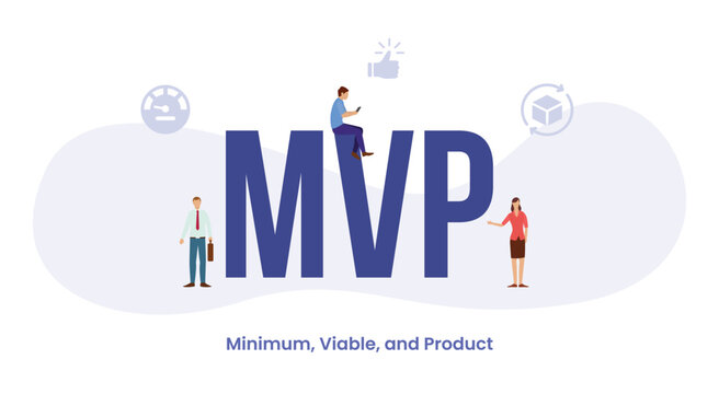 MVP minimum viable product with big word or text and team people with modern flat style