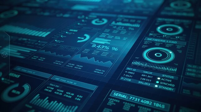 Advanced data analytics dashboard display, network load monitoring system, financial charts and graphs, server status indicators, blue futuristic hud interface