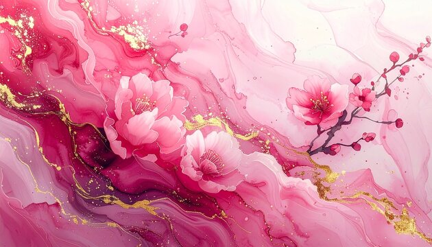桜ピンク墨と金白が舞う太筆墨絵背景01：A background of ink painting featuring a thick brushstroke with swirling cherry blossom pink ink and gold-white accents