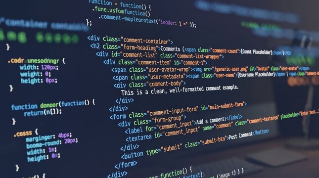 Close up computer screen showing html css javascript code, web development programming language syntax, software engineering source text, dark mode editor interface