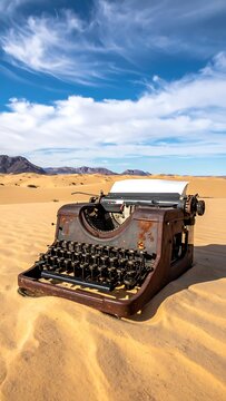 Vintage typewriter in desert sand dunes.