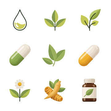 A collection of natural health icons featuring plants and medicine capsules