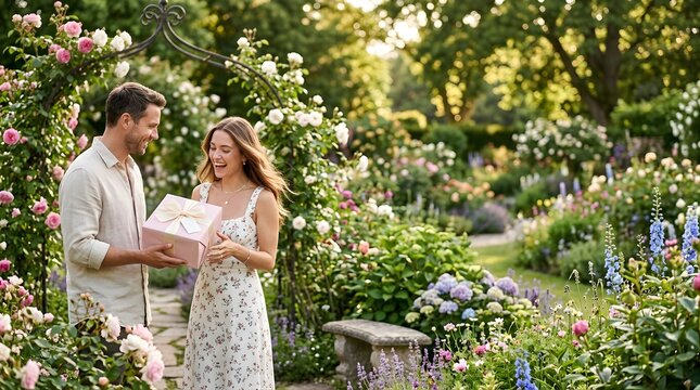 Man giving a surprise gift to a happy woman in a blooming rose garden