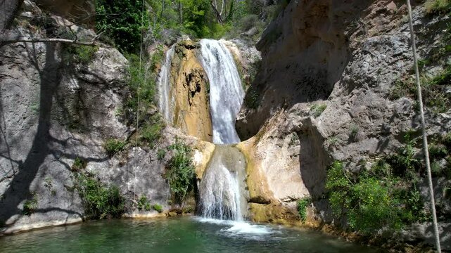 Palia Kavala Waterfalls in Kavala Greece, Aerial Dolly Shot of Waterfall near Greek Countryside Path