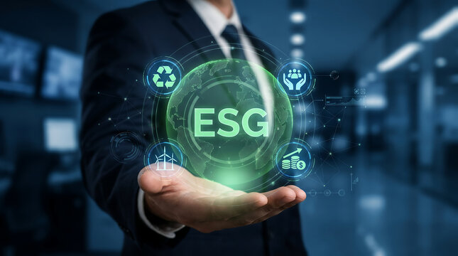 ESG environment social governance investment business concept. A businessman uses a computer to analysis ESG. in the vicinity of the computer screen when using a company. New