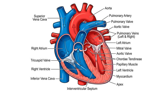 Human heart anatomy diagram with labels
