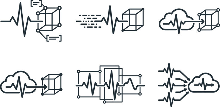 Data Pulse and Blockchain Icon Set with Cloud Computing Pulse Lines and Geometric Cube Symbols for Technology Network and Digital Computing Designs