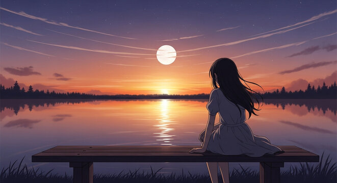 Young Woman Sitting on Bench Watching Sunset Over Calm Lake