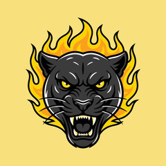Fototapeta premium Aggressive black panther head mascot logo with fire background.