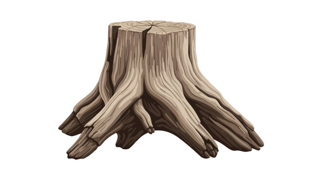 Vector illustration of an aged weathered tree stump with visible growth rings and splayed roots isolated on white, featuring textured wood grain and realistic bark details.